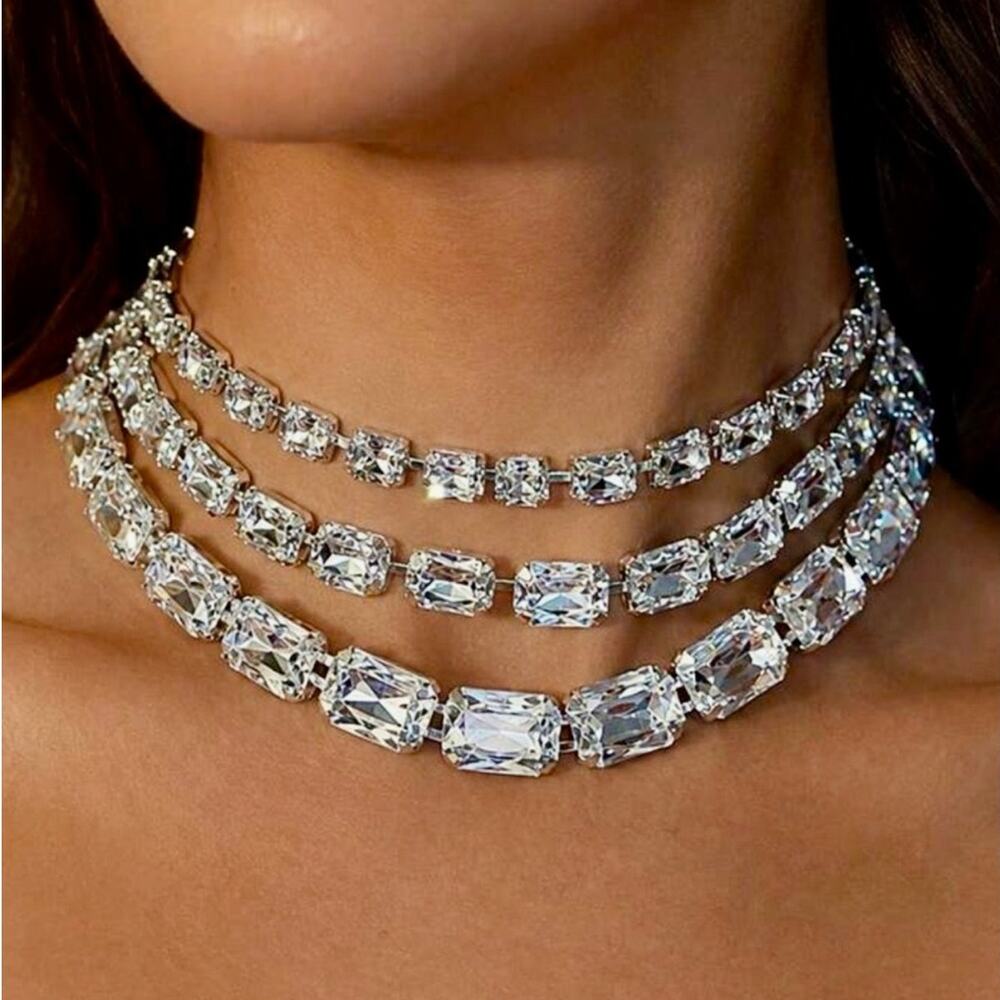 Silver Crystal Rhinestone Triple Strand Statement Necklace Glam Jewelry